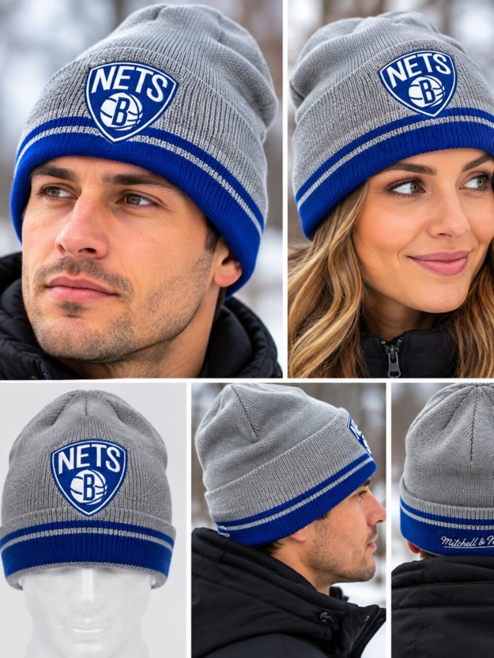 Mitchell & Ness Brooklyn Nets NBA Knit Beanie Hat – Grey & Blue